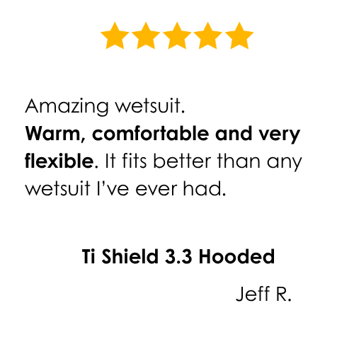 Five-star review for a wetsuit with text and star rating warm and best fit of any wetsuit