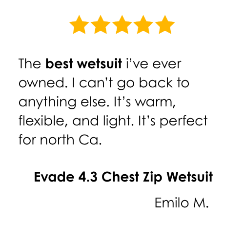 Five-star review of Evade 4.3 Chest Zip Wetsuit with a positive description.