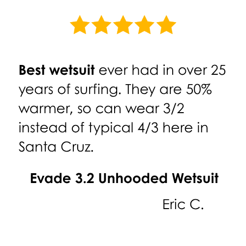 Five-star review for Evade 3.2 Unhooded Wetsuit with text praising its warmth and comfort.