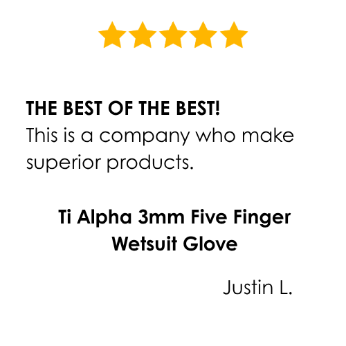 Five-star review for Ti Alpha 3mm Five Finger Wetsuit Glove with a positive comment on product quality.