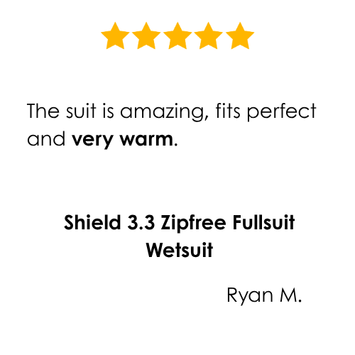 Five-star review for a Shield 3.3 Zipfree Fullsuit Wetsuit with a positive comment on fit and warmth.
