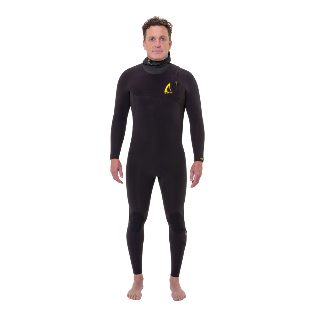 Man wearing a black wetsuit with a logo on a white background