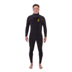 Man wearing a black wetsuit with a logo on a white background