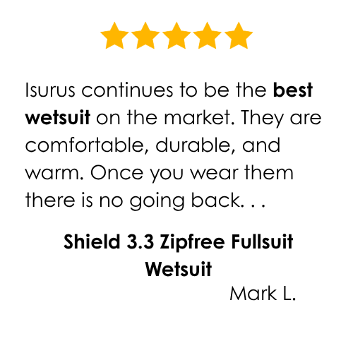 Five-star review for Isurus wetsuit with a quote praising its comfort, durability, and warmth.