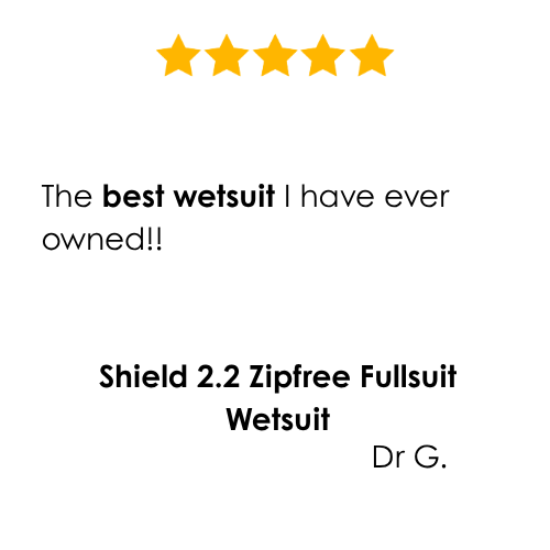 Five-star rating for a Shield 2.2 Zipfree Fullsuit Wetsuit with a review text.