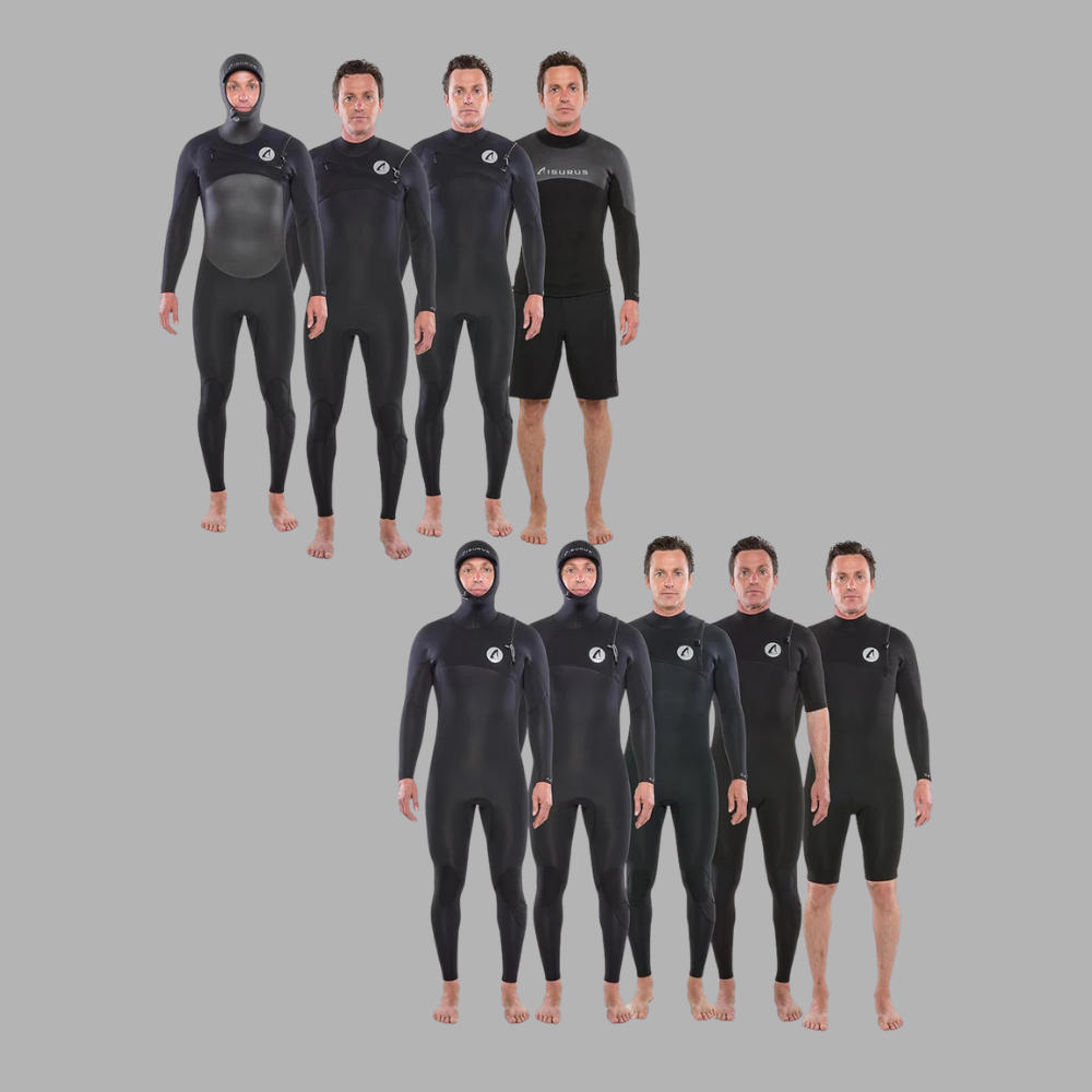 Multiple wetsuits displayed on a gray background