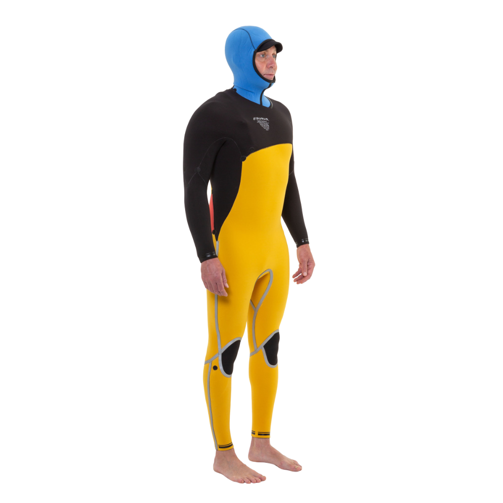 Person wearing a black and yellow wetsuit with a blue hood on a white background