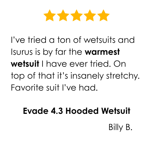 Five-star review for Isurus wetsuit with text praising warmth and stretchiness.