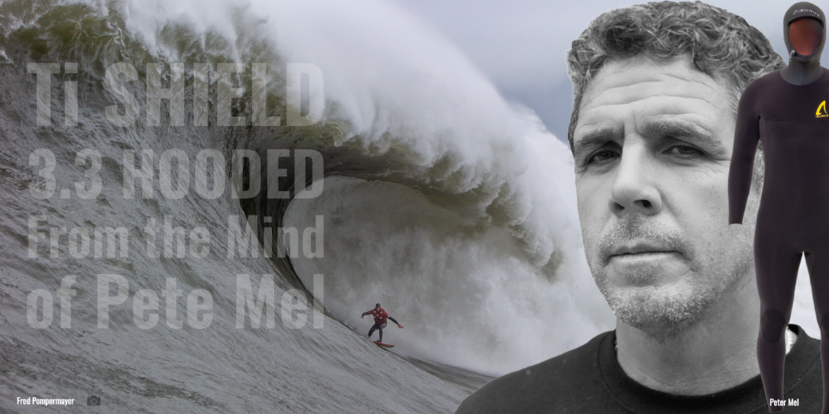 Pete Mel surfing historic massive Wave in Isurus Ti Shield 3.3 Zipfree hooded. The 4.3 killer wetsuit.